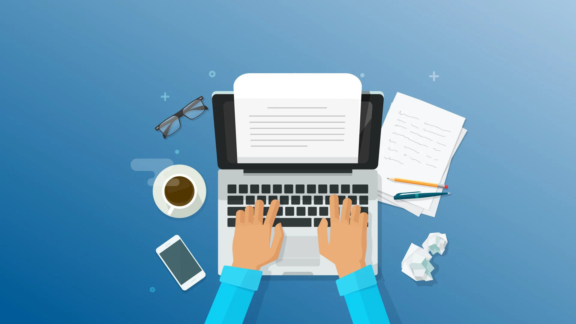 Mãos digitam em laptop cercado por café, celular, papéis e óculos, simbolizando processo criativo e estratégico de roteiro para vídeo institucional