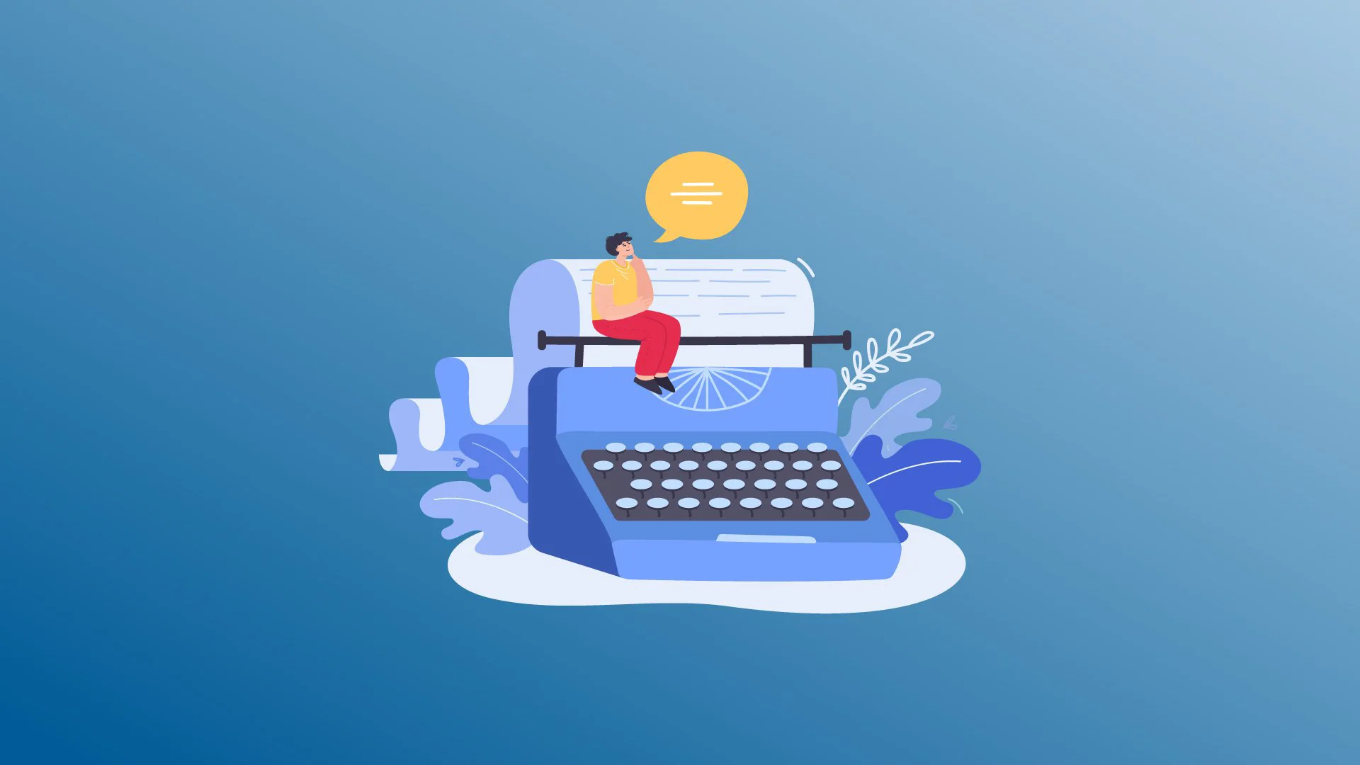 Ilustração de máquina de escrever com personagem sentado sobre o papel e balão de fala, simbolizando o poder do storytelling na criação de vídeos