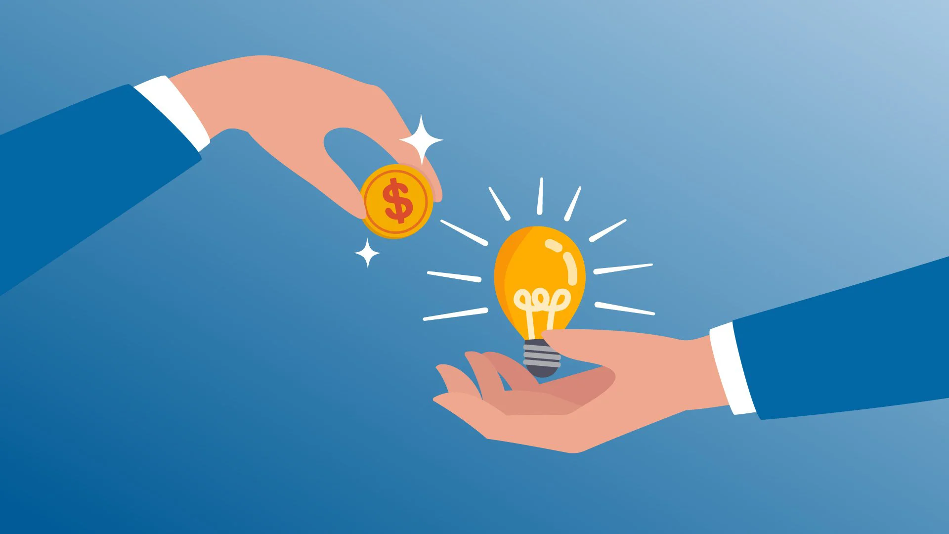 Mão entrega moeda com símbolo de dólar para outra mão segurando uma lâmpada acesa, simbolizando investimento em ideias e patrocínio de projetos.